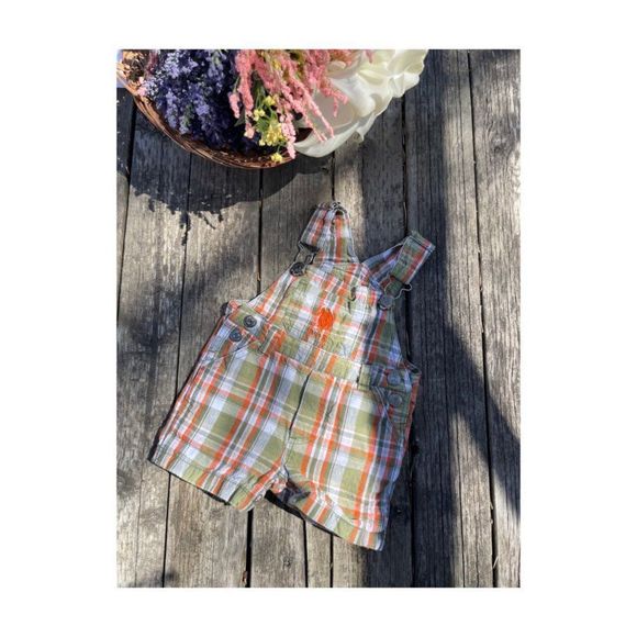 US Polo Association Plaid Shortalls Green Orange Sz 0-3M - Picture 1 of 5